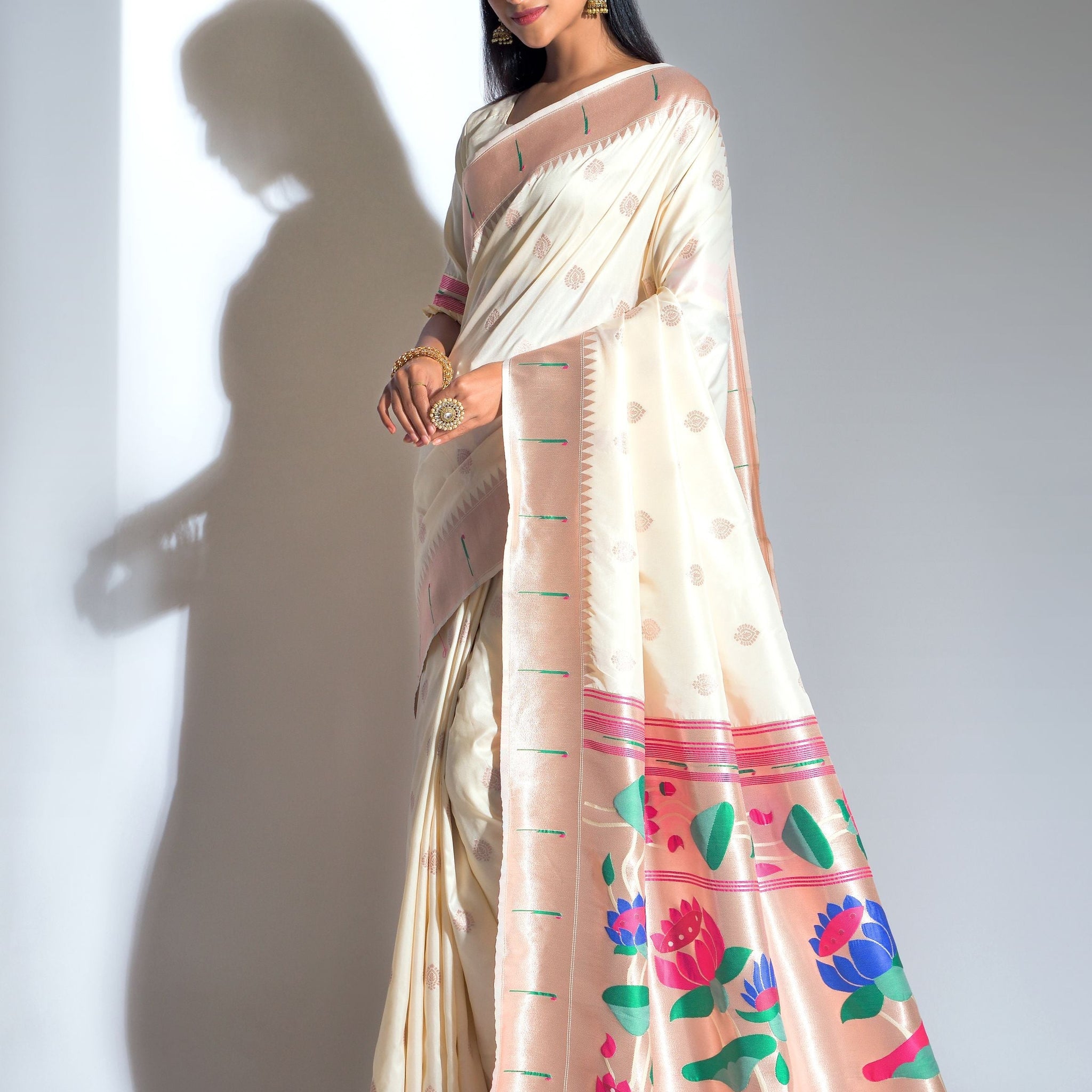 PEARL WHITE Banarasi Soft Silk Paithani With Zari Border Saree