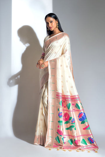 PEARL WHITE Banarasi Soft Silk Paithani With Zari Border Saree