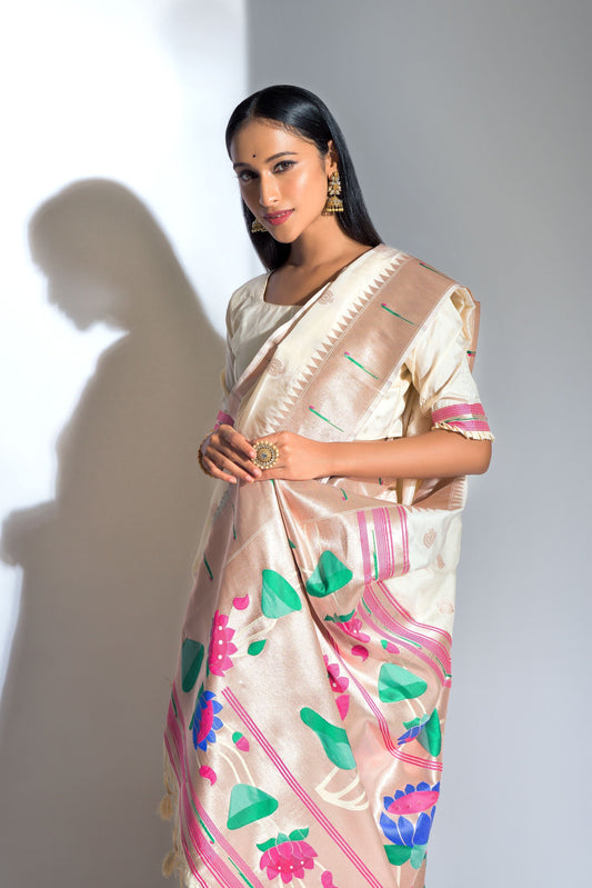 PEARL WHITE Banarasi Soft Silk Paithani With Zari Border Saree