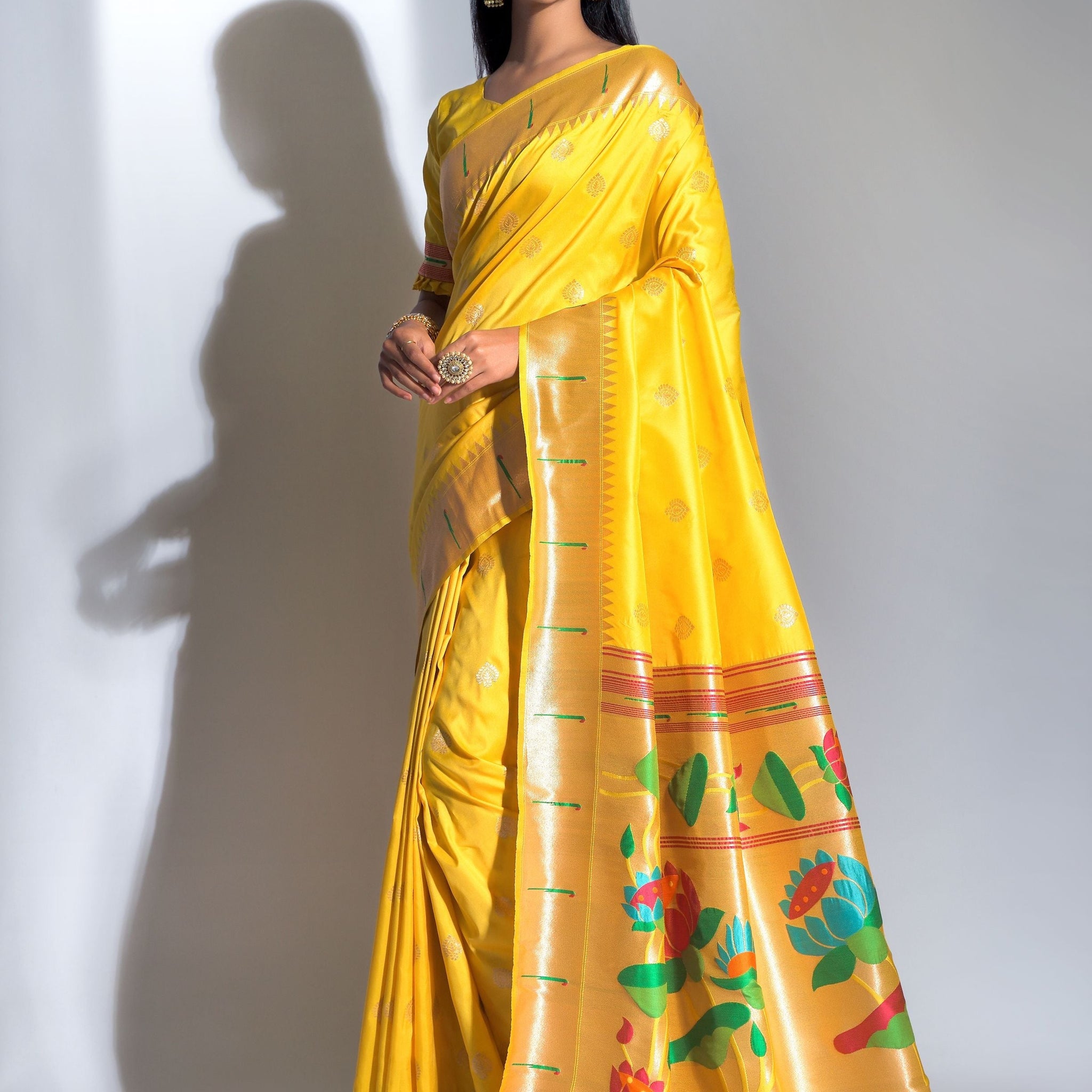 Yellow Banarasi Soft Silk Paithani With Zari Border Saree