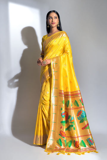Yellow Banarasi Soft Silk Paithani With Zari Border Saree