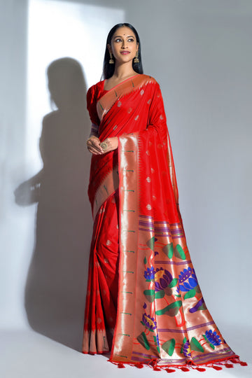 Red Banarasi Soft Silk Paithani With Zari Border Saree