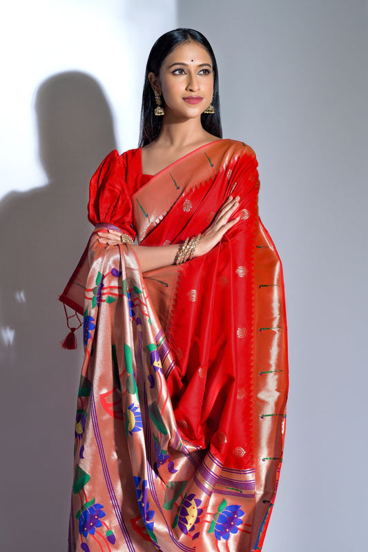 Red Banarasi Soft Silk Paithani With Zari Border Saree