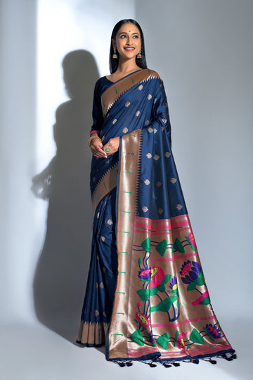 Blue Banarasi Soft Silk Paithani With Zari Border Saree