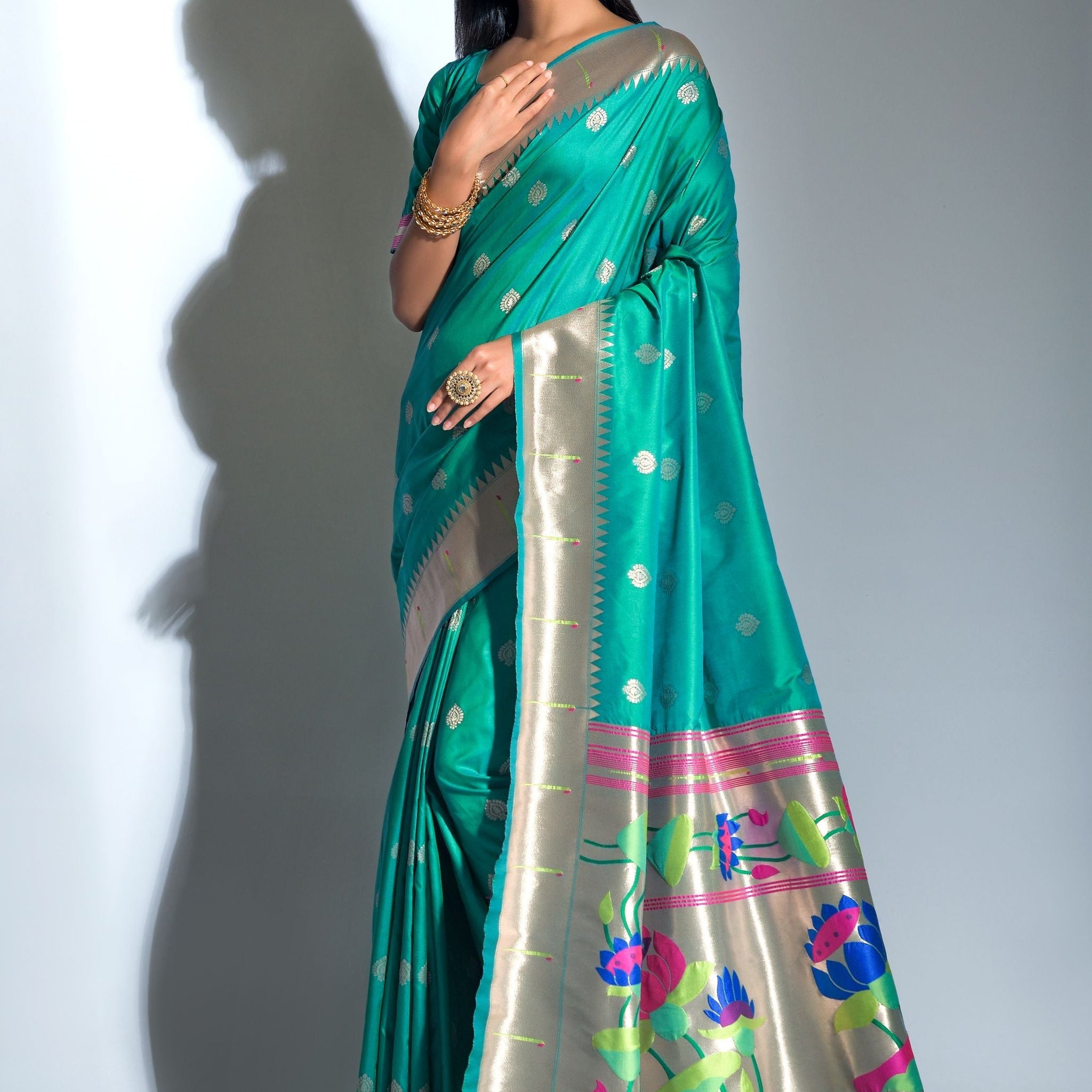 Sea Green Banarasi Soft Silk Paithani With Zari Border Saree