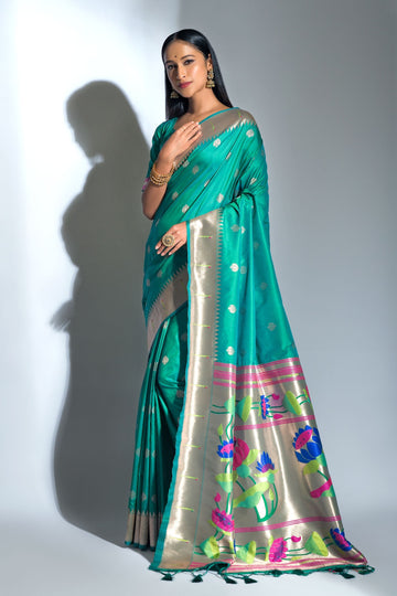 Sea Green Banarasi Soft Silk Paithani With Zari Border Saree