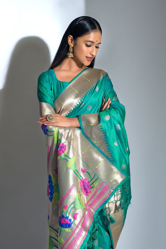 Sea Green Banarasi Soft Silk Paithani With Zari Border Saree
