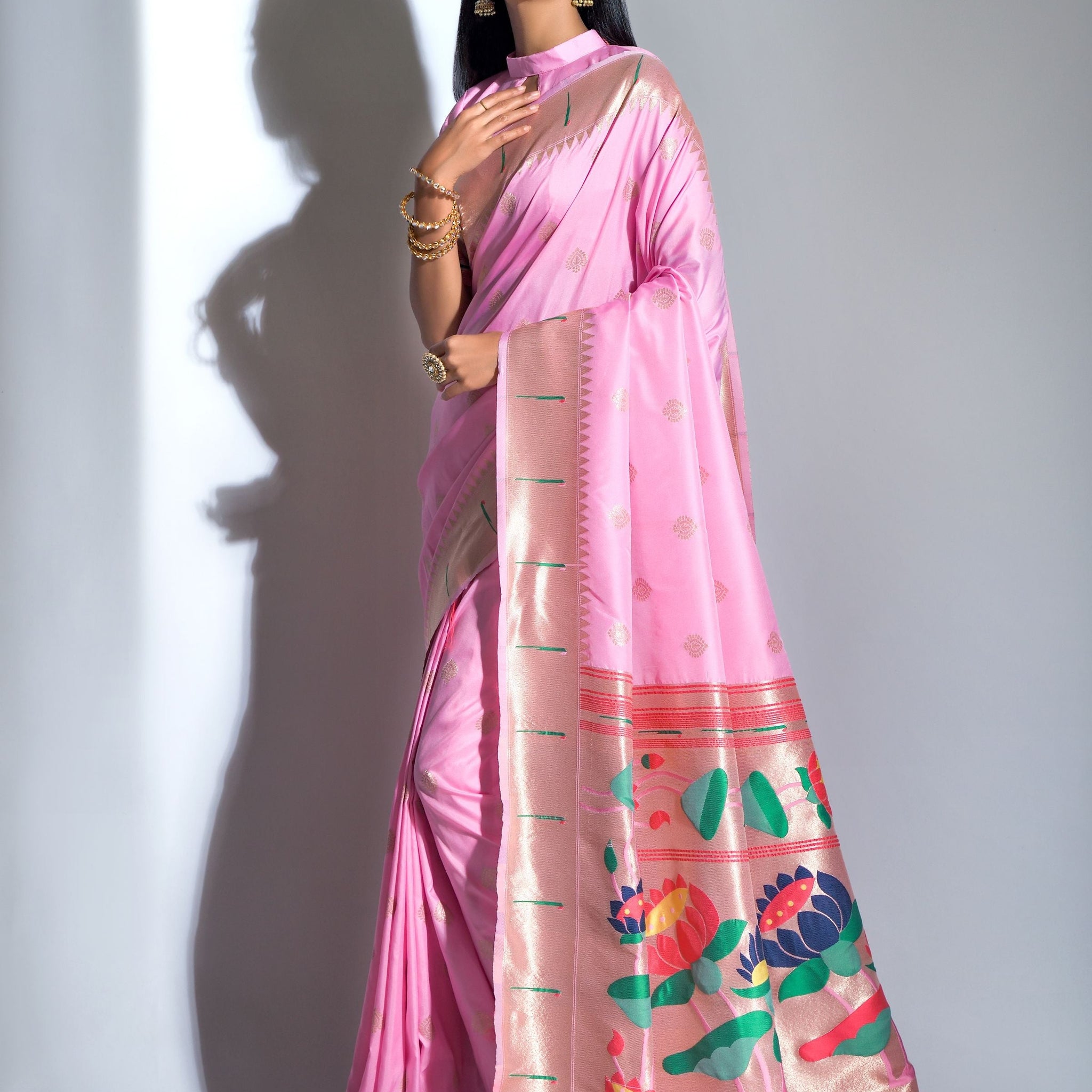 Baby Pink Banarasi Soft Silk Paithani With Zari Border Saree
