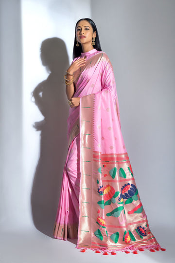 Baby Pink Banarasi Soft Silk Paithani With Zari Border Saree