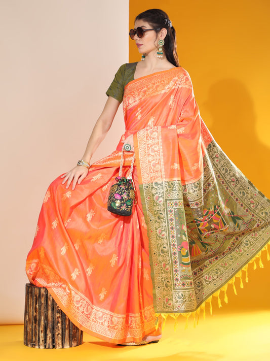 Tan Hide Orange Banarasi Raw Silk Woven Saree