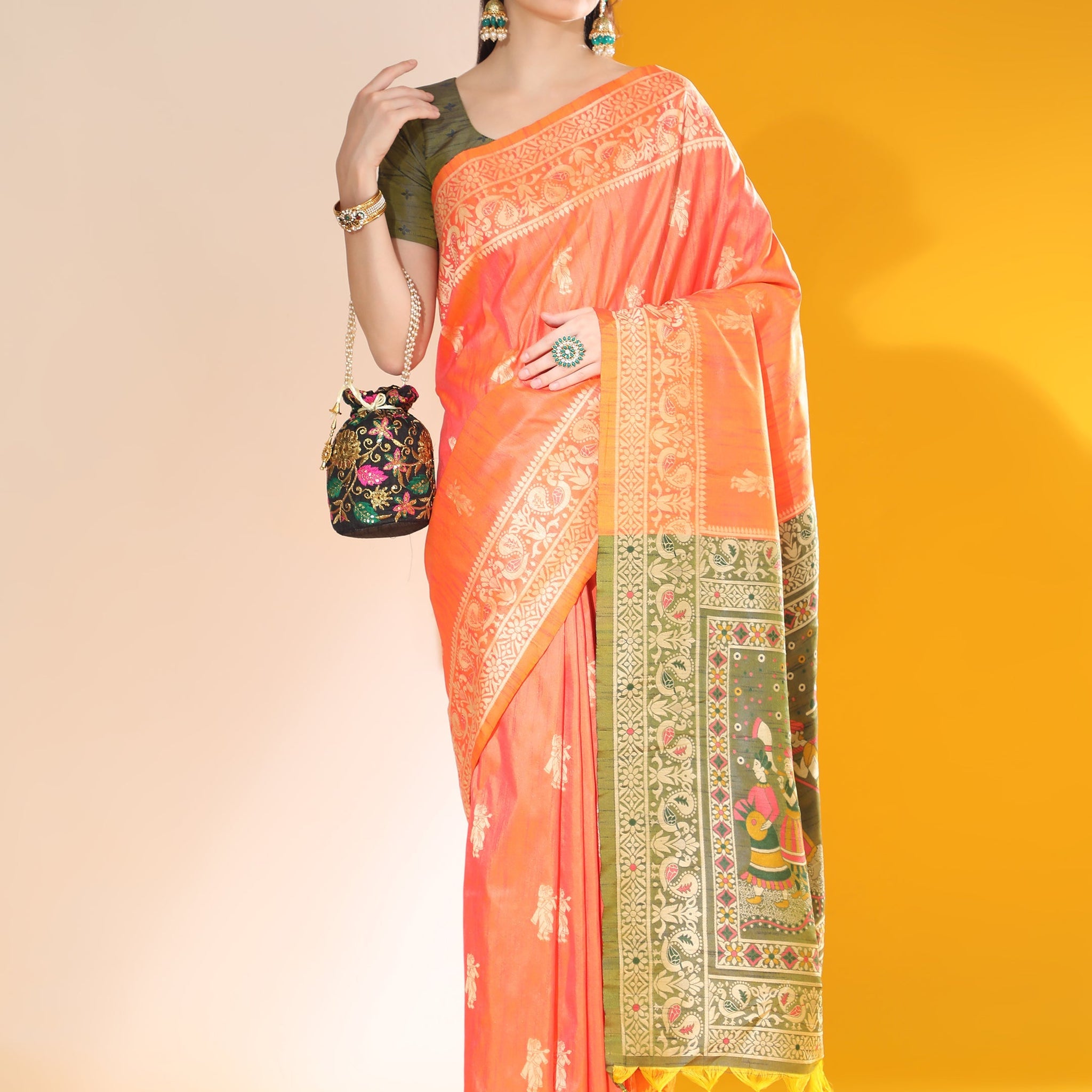 Tan Hide Orange Banarasi Raw Silk Woven Saree