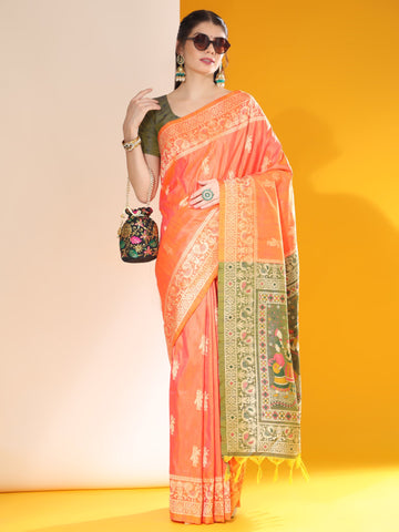 Tan Hide Orange Banarasi Raw Silk Woven Saree