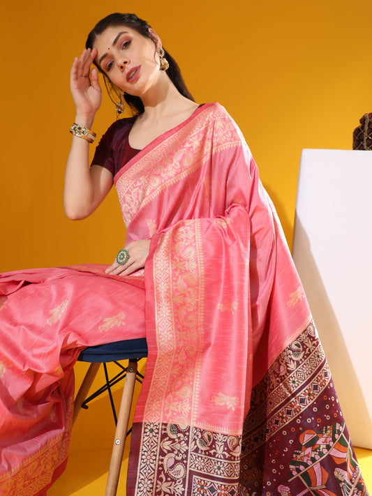 Baby Pink Banarasi Raw Silk Woven Saree