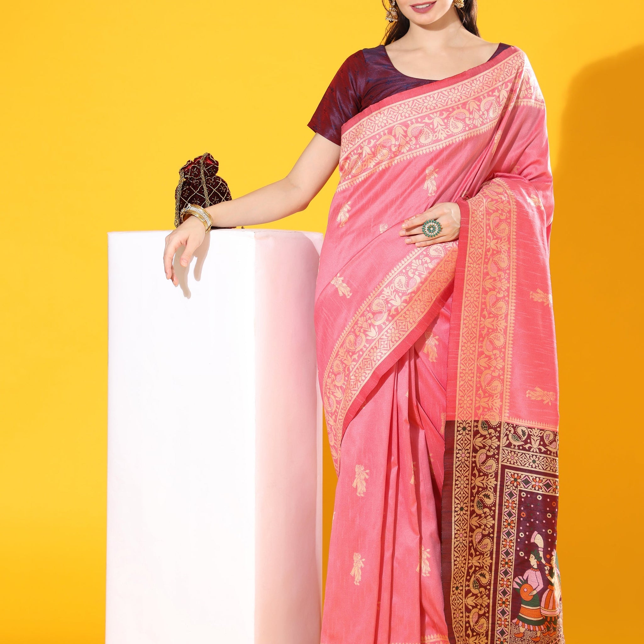 Baby Pink Banarasi Raw Silk Woven Saree