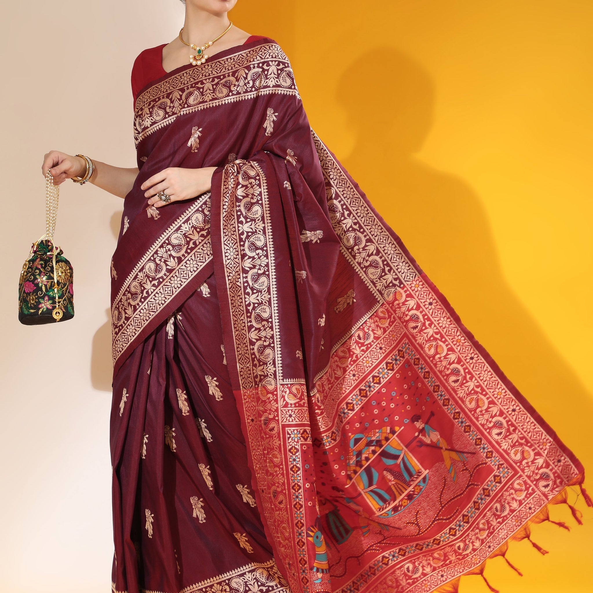 Rosewood Maroon Woven Handloom Silk Saree