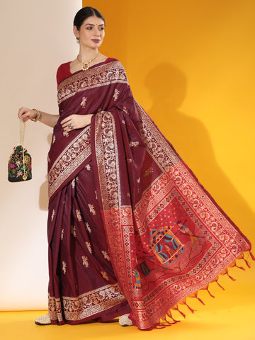 Rosewood Maroon Woven Handloom Silk Saree