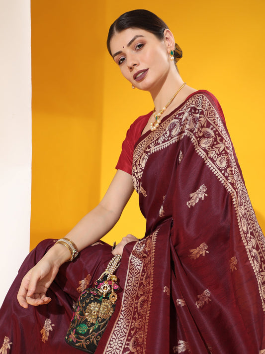 Rosewood Maroon Woven Handloom Silk Saree