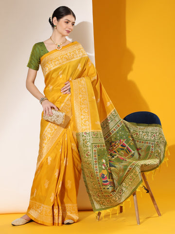 Mustard Yellow Banarasi Raw Silk Woven Saree
