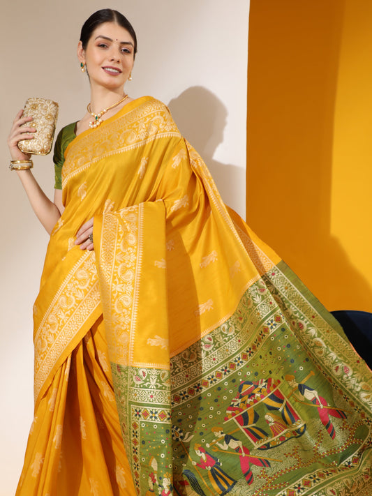 Mustard Yellow Banarasi Raw Silk Woven Saree