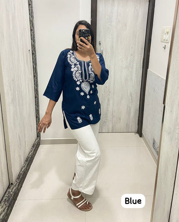 Women Chikan Embroidery Cotton Tops (Blue)