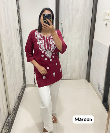 Women Chikan Embroidery Cotton Tops (Maroon)