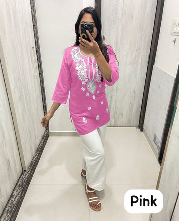 Women Chikan Embroidery Cotton Tops (Baby Pink)