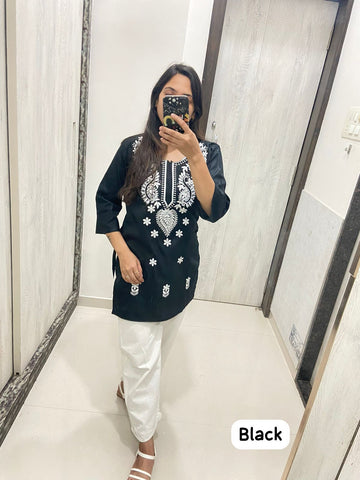 Women Chikan Embroidery Cotton Tops (Black)