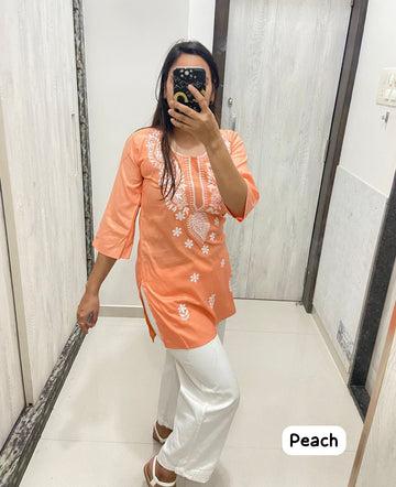 Women Chikan Embroidery Cotton Tops (Peach)