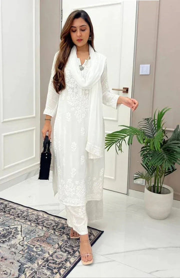 CHIKANKARI KURTI_PENT PAIR DESIGN(WHITE)