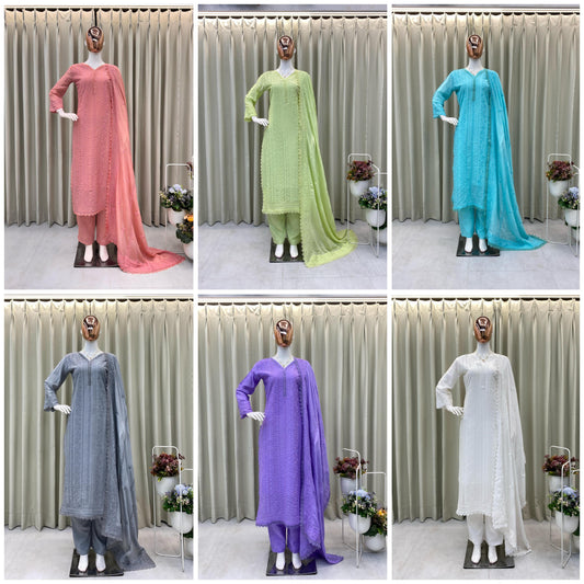 TRENDING FAUX GEORGETTE TOP COTTON THREAD EMBROIDERED WORK AND WORK PLAZO WITH DUPATTA