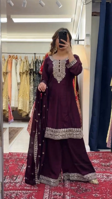Dark Purple Kurta with Dupatta Set of 3