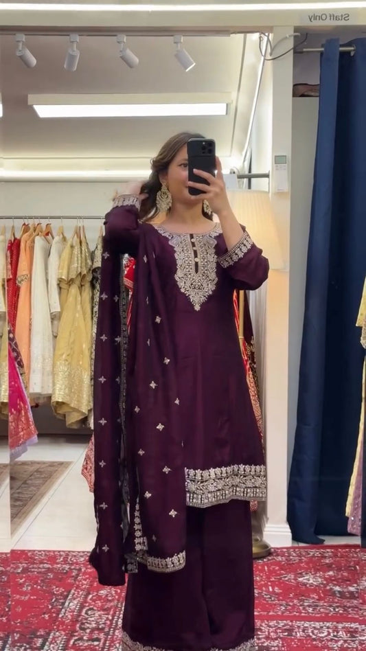 Dark Purple Kurta with Dupatta Set of 3