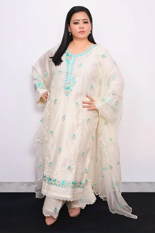 Ivory White Chanderi Embroidered Suit Set