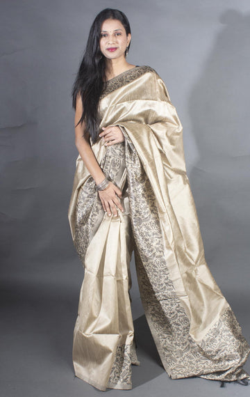 Flosive Traditional Golden Zari Work Golden Brown Soft Banarasi Saree