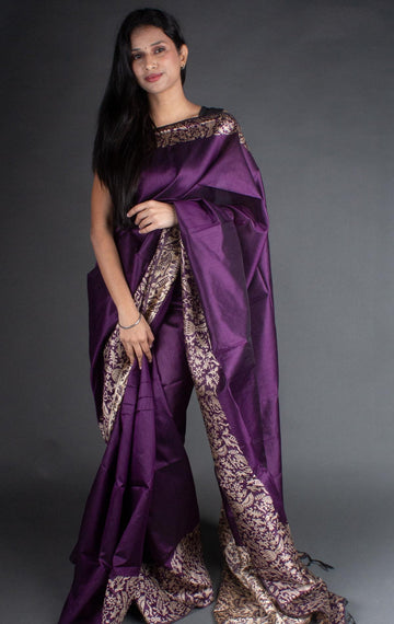 Flosive Traditional Golden Zari Work Violet Soft Banarasi Saree