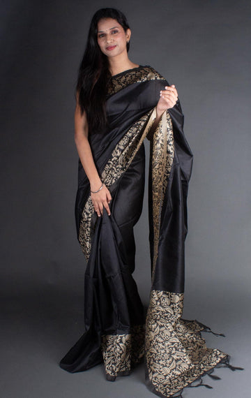 Flosive Traditional Golden Zari Work Black Soft Banarasi Saree