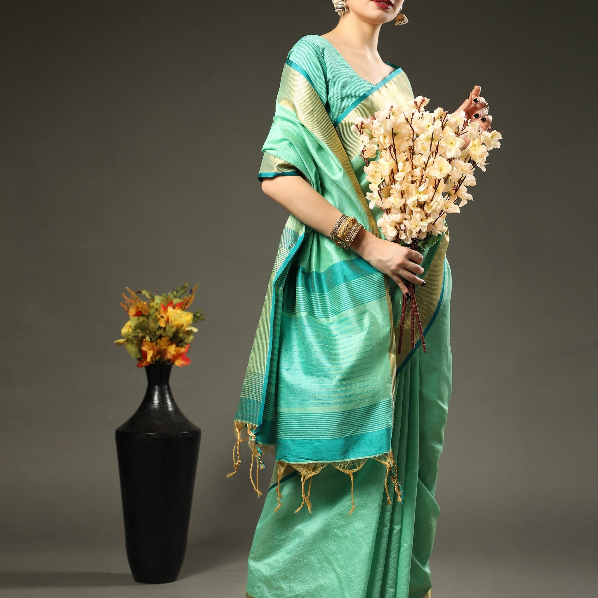 Silver Tree Green Assam Silk Saree