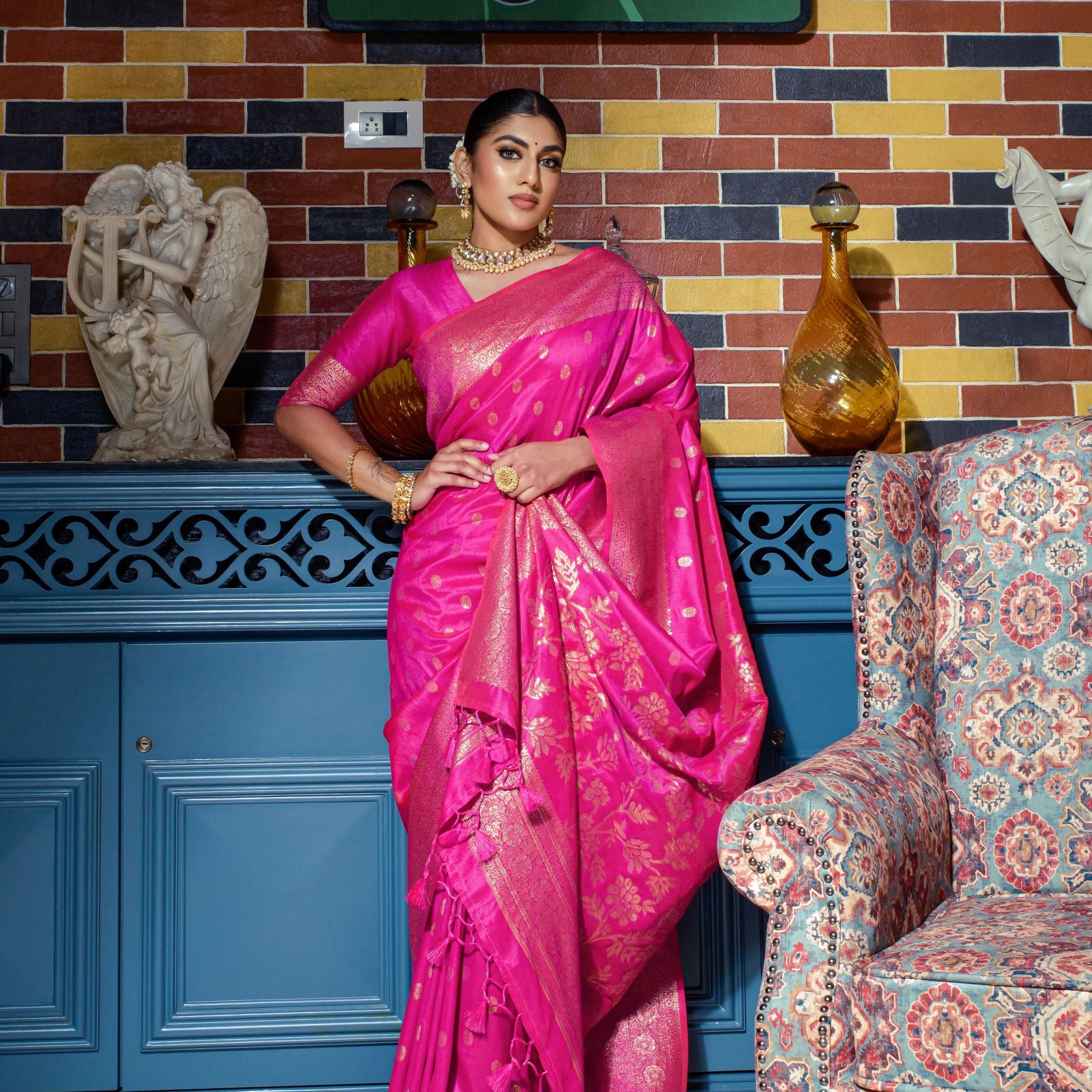 Banarasi Raw Silk Zari Woven Work Pink Color Saree Festive Wear
