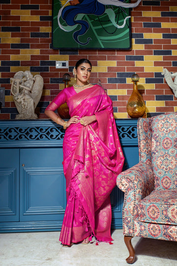 Banarasi Raw Silk Zari Woven Work Pink Color Saree Festive Wear