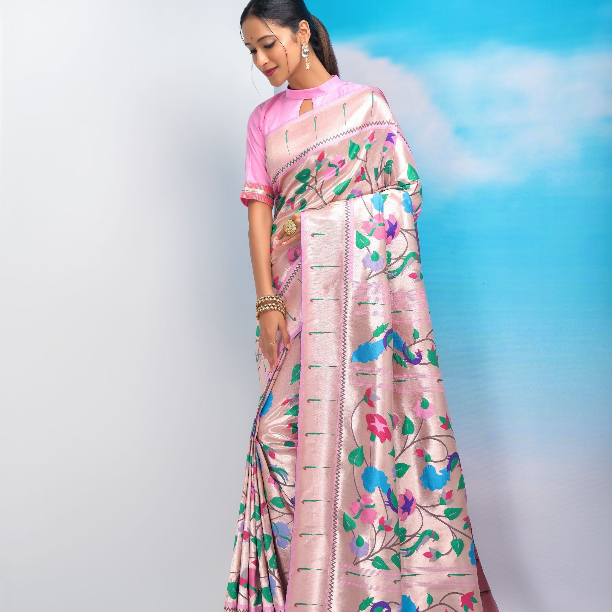 Ambient Baby Pink Color Paithani Silk Saree With Golden Zari Weaving Work In Less Price