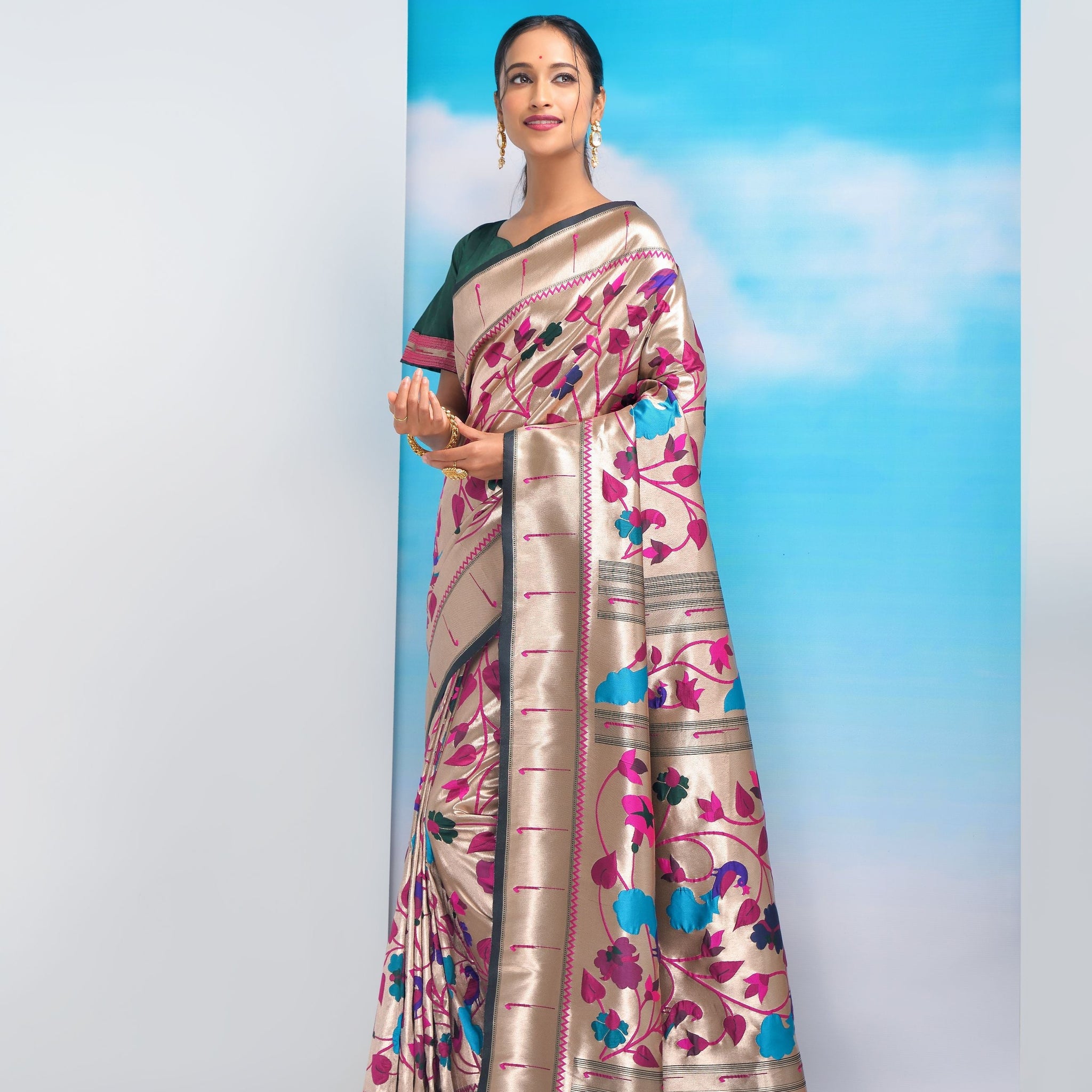 Cinnamon Green Color Paithani Silk Saree With Golden Zari Weaving Work In Less Price