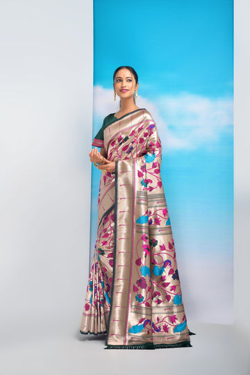 Cinnamon Green Color Paithani Silk Saree With Golden Zari Weaving Work In Less Price