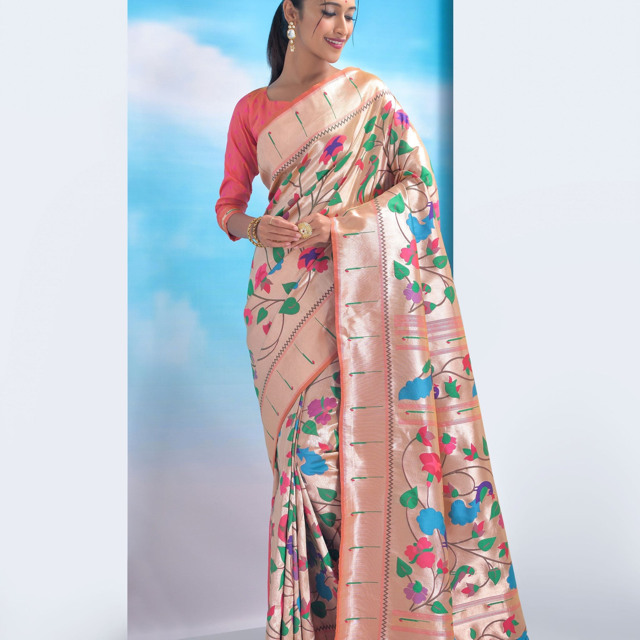 ROSY PINK Color Paithani Silk Saree With Golden Zari Weaving Work In Less Price