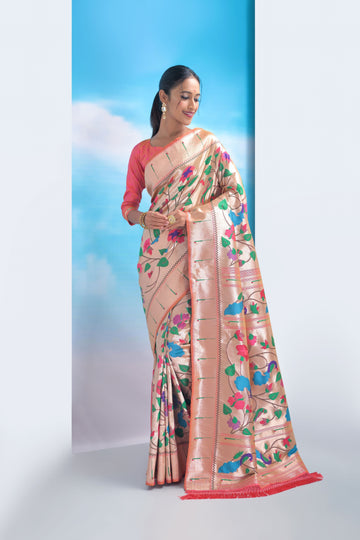 ROSY PINK Color Paithani Silk Saree With Golden Zari Weaving Work In Less Price