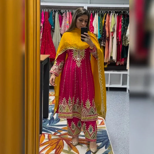 Rani Coloured Party Wear Suit Set With Embroidery and Sequnce Work