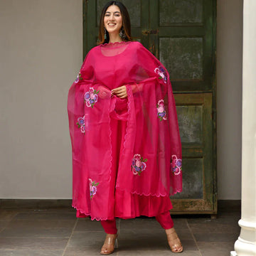 Pink Taffeta Anarkali Paired With An Embroidered Organza Dupatta