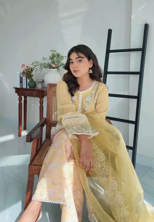 YELLOW EMBROIDERED KURTA WITH TROUSER & DUPATTA
