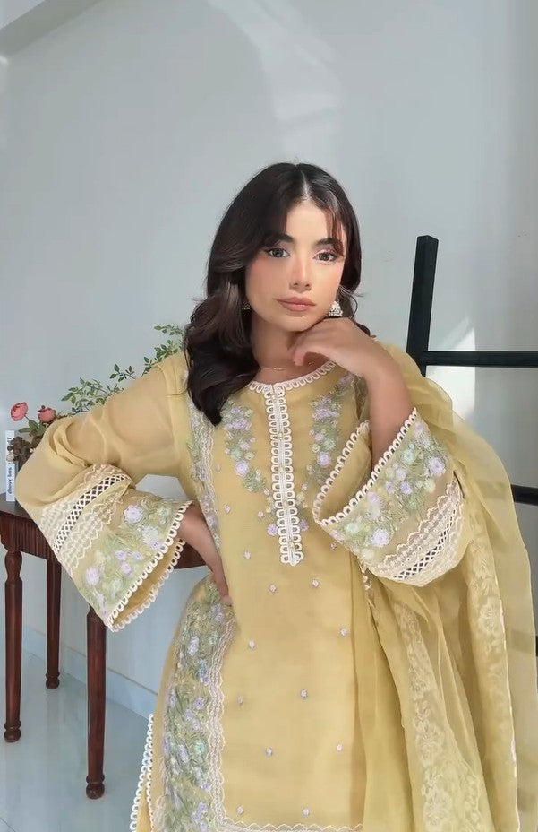 YELLOW EMBROIDERED KURTA WITH TROUSER & DUPATTA