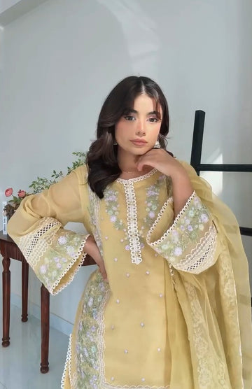 YELLOW EMBROIDERED KURTA WITH TROUSER & DUPATTA