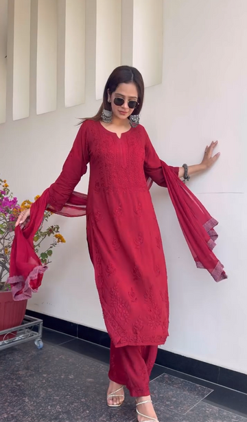 Taniya Chikankari Kurti, Palazzo and dupatta set